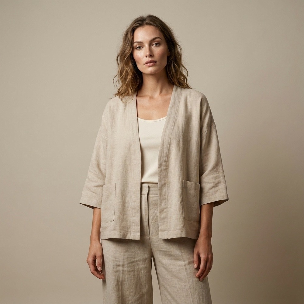 FILOSOFIA Womens 100% Linen Kimono Jacket Beige‎ Open Front Oversized Medium USA